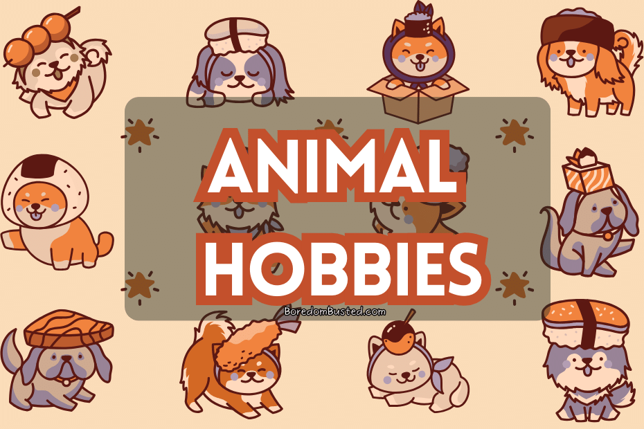 An image showcasing animals engaging in various hobbies Text: "Animal Hobbies"