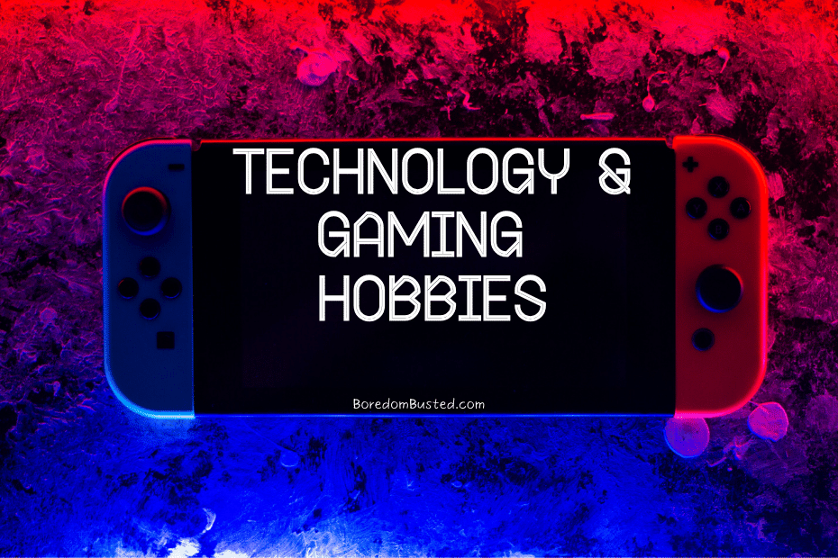 List of technology and gaming hobbies, nintendo handheld DS, retro letters, text "technology & Gaming Hobbies"
