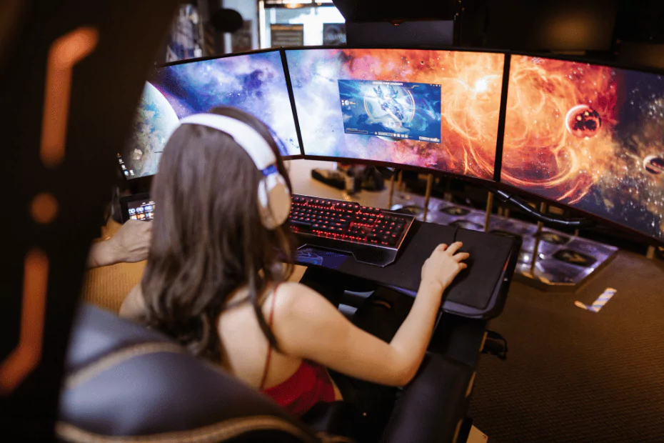 A woman engages in a computer hobby game