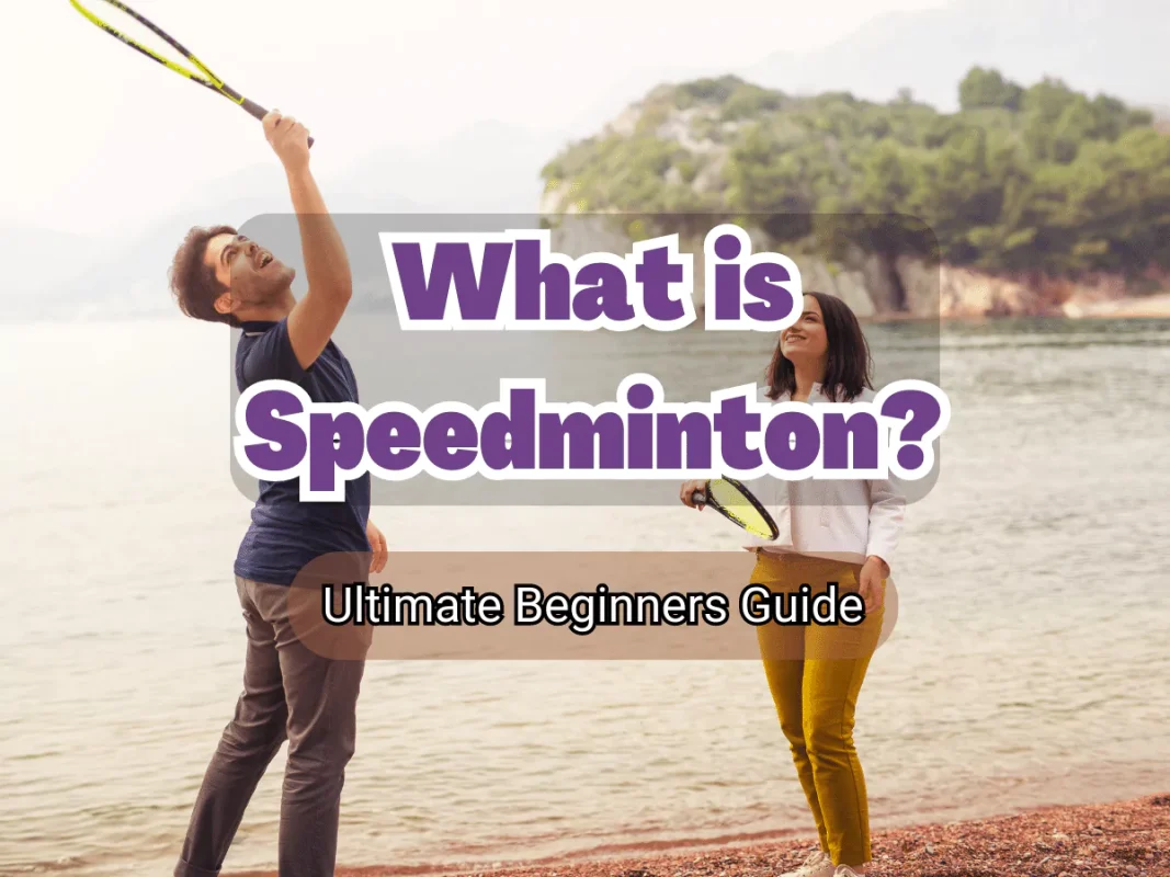 "what is speedminton, ultimate beginners guide" 2 people playing crossminton in background, beach