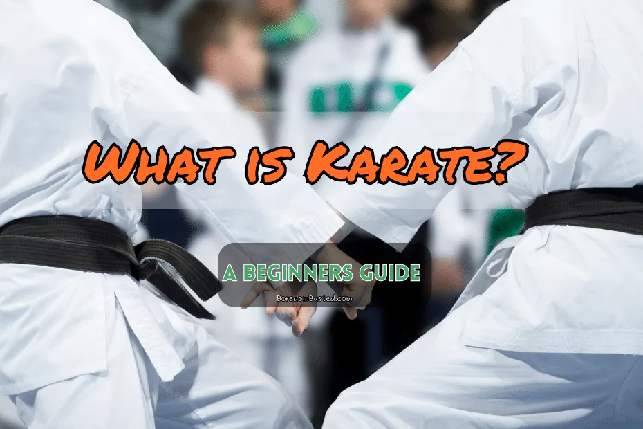 "What is Karate" in orange "A Beginners Guide" in green, 2 people in white robes crossing fists, featured image