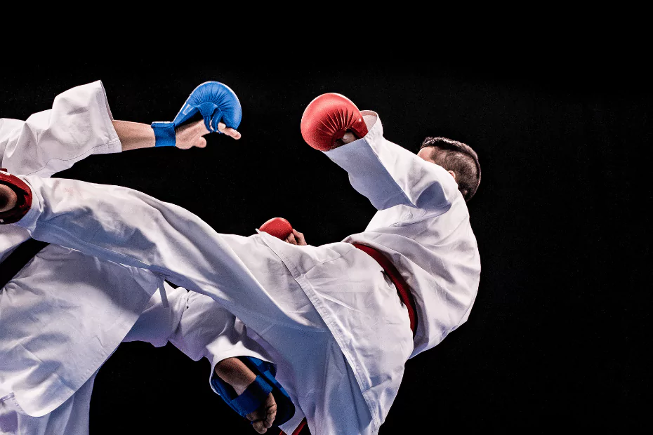 Two karate fighters performing kicks.