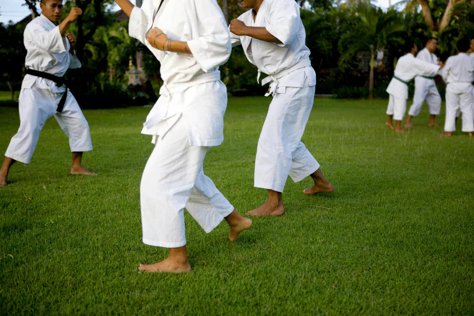 several people in white robes practicing martial arts outside, green lawn