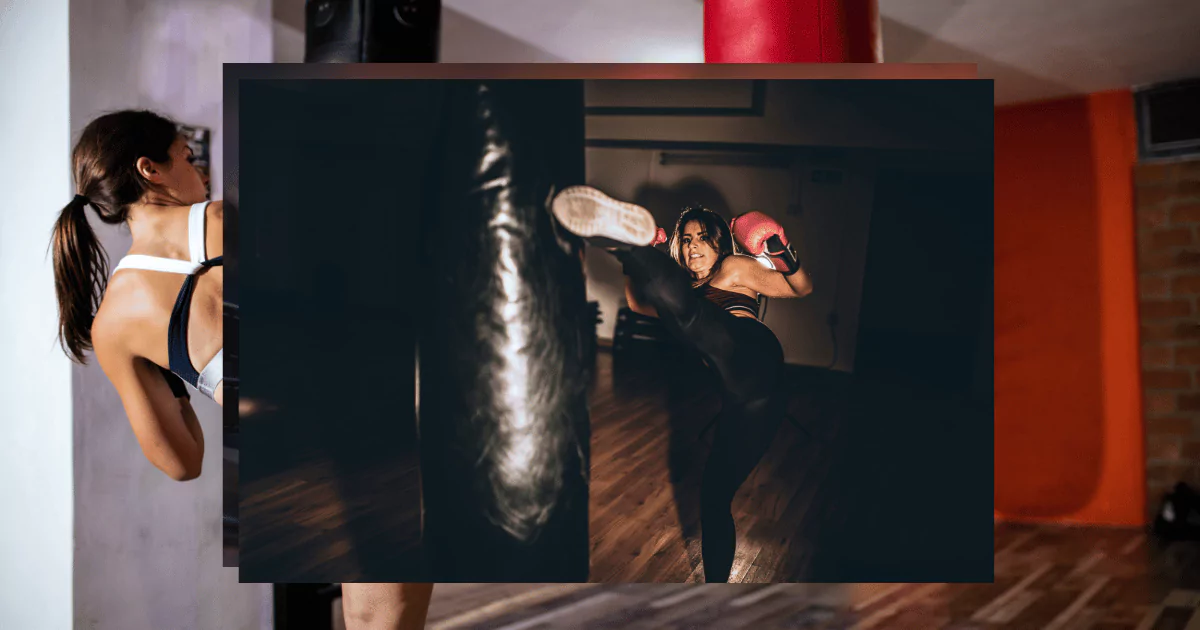 woman in black fitness clothing kicking black punching bag
