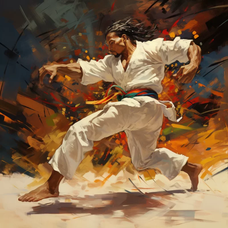 A painting of a man in a white robe doing Capoeira.