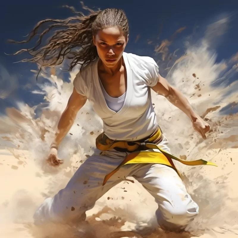 A woman in white and yellow is practicing Capoeira in the sand.