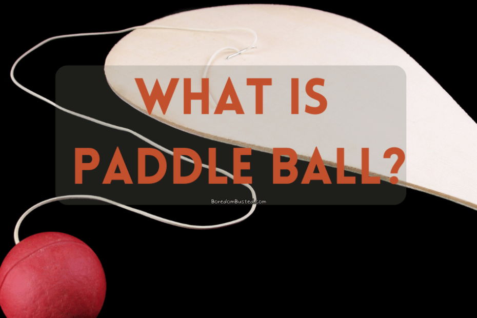 paddle ball, featured image. "what is paddle ball?". black background with wooden paddle and red ball on string