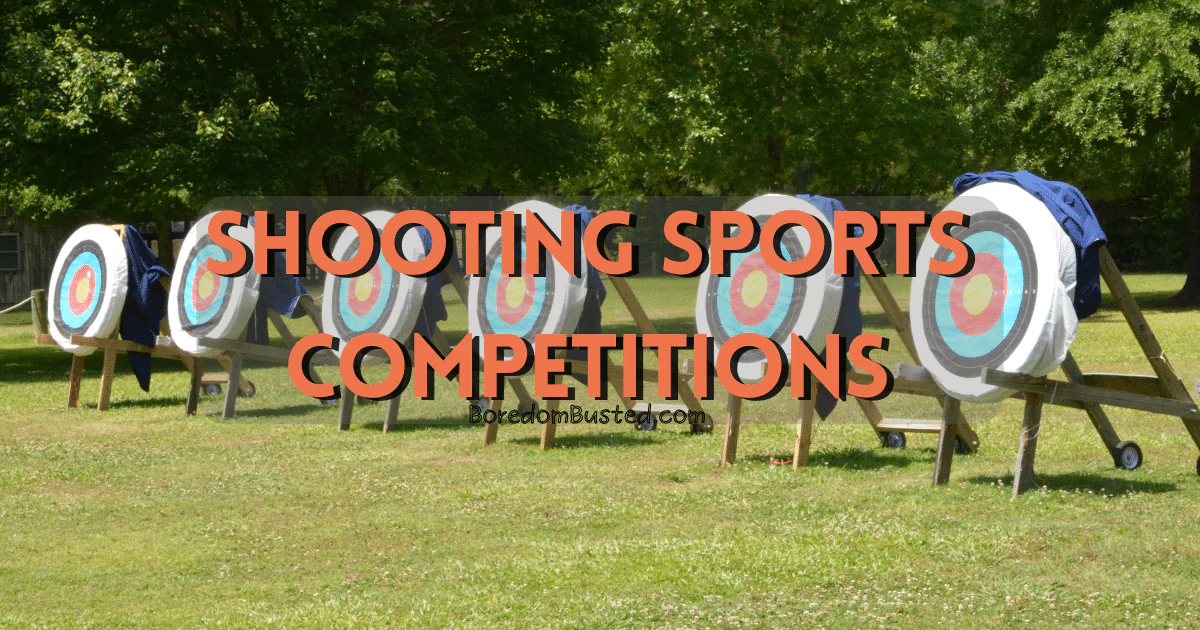 Competitions in shooting sports including archery, archery targets in a field in the background