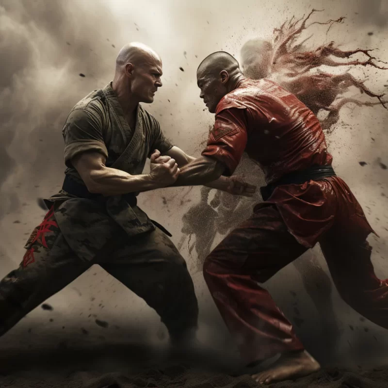 Two men engaged in martial arts combat in front of a dark background, MCMAP
