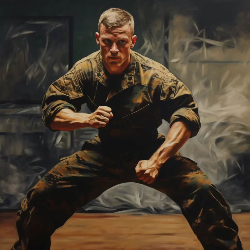 A painting of a man in a military uniform highlighting Marine Corps, MCMAP