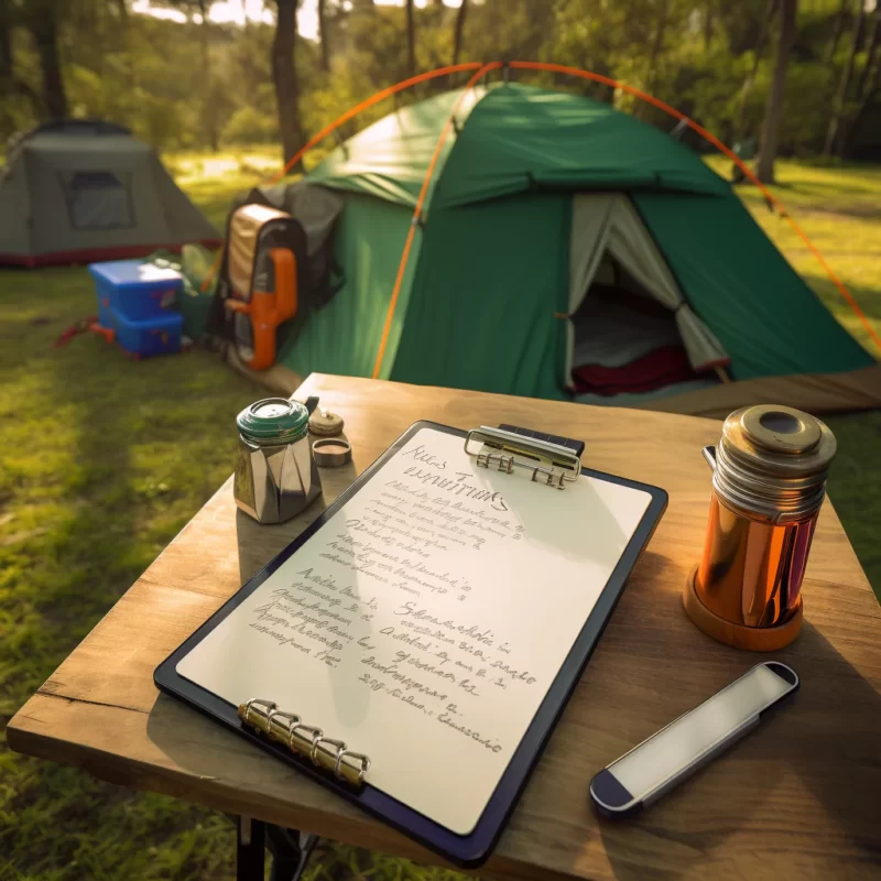 A clipboard with a tent in the background