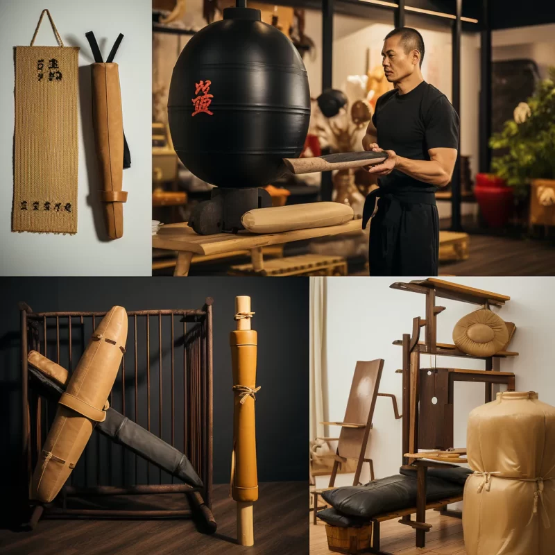 A man is standing in front of a collection of Wing Chun martial arts equipment