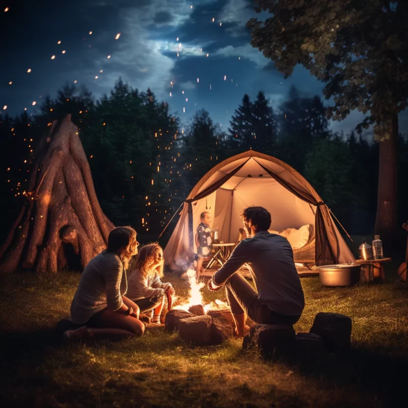 A family sits around a campfire at night