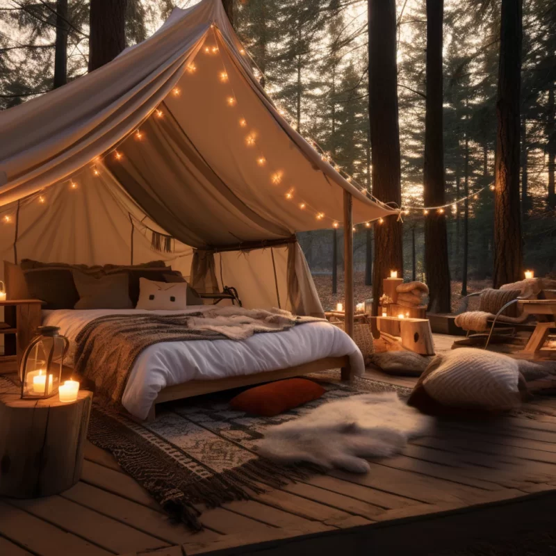 A tent in the woods with candles on the deck