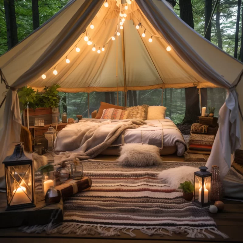 A tent in the woods with lights and a bed