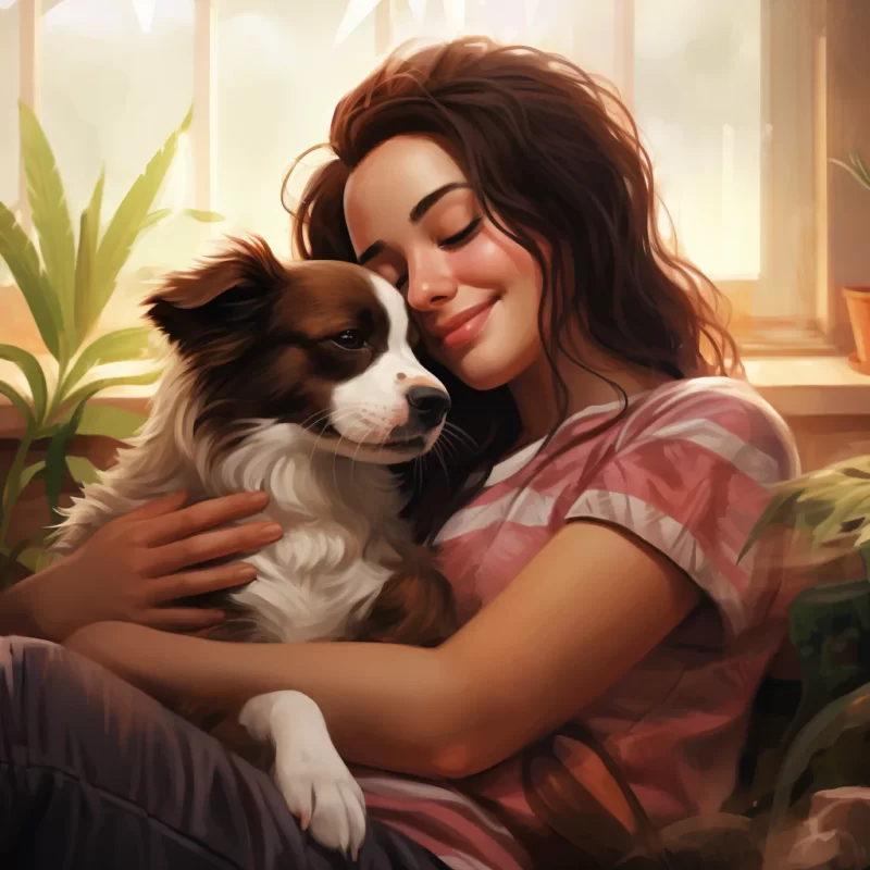 A girl demonstrating self care by hugging a dog in front of a window