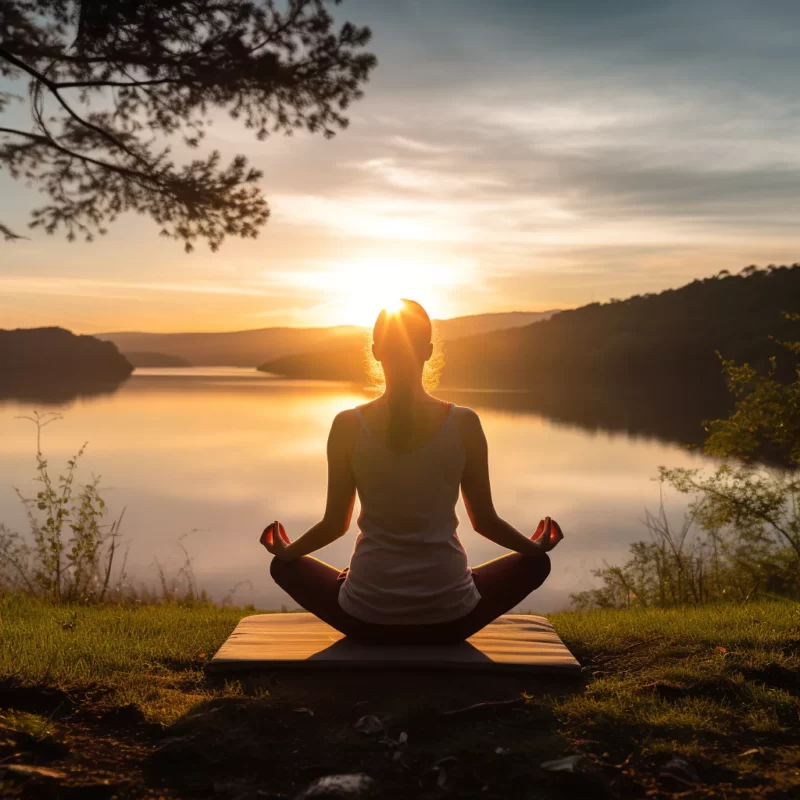 A woman practices self care by meditating in front of a lake at sunset