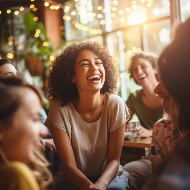 A group of women practicing self care while laughing in a cafe