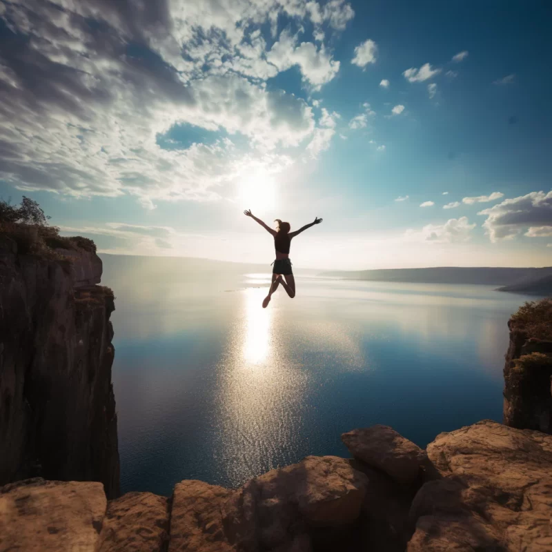A woman practices self care by bravely jumping off a cliff into the water, new experiences