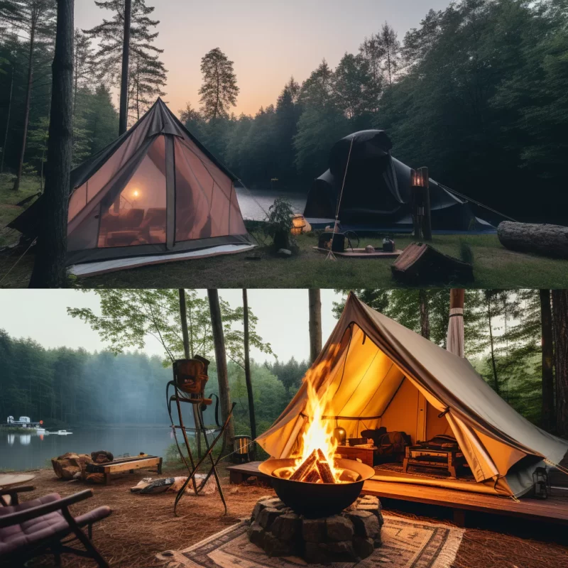 Two pictures of tents with fire pits in the woods. one a basic tent, the other fancy