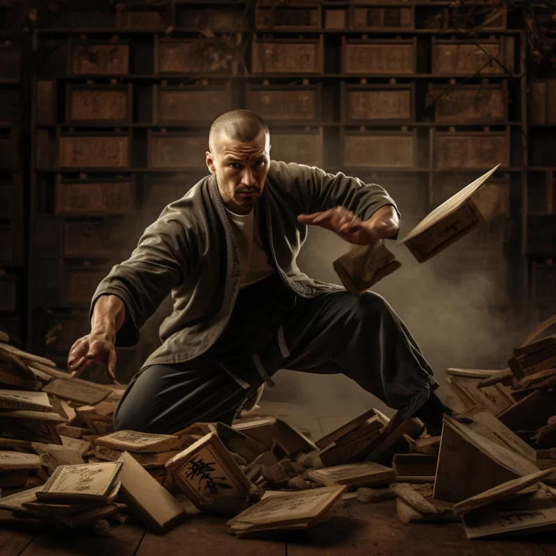 A man skilled in wing chun martial arts is kicking a pile of books