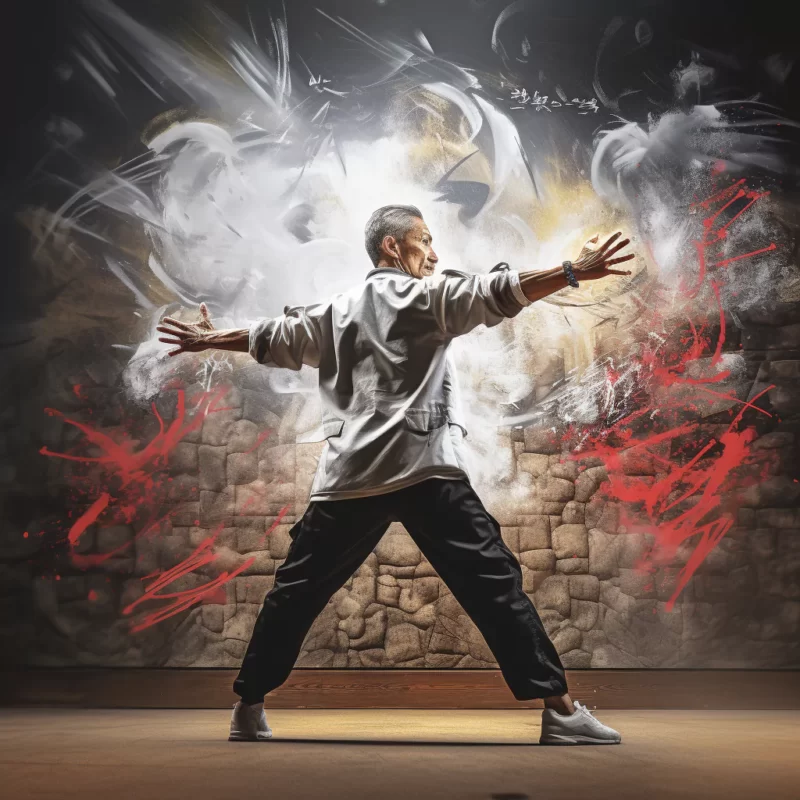 A man is practicing Wing Chun martial arts in front of an ethereal wall