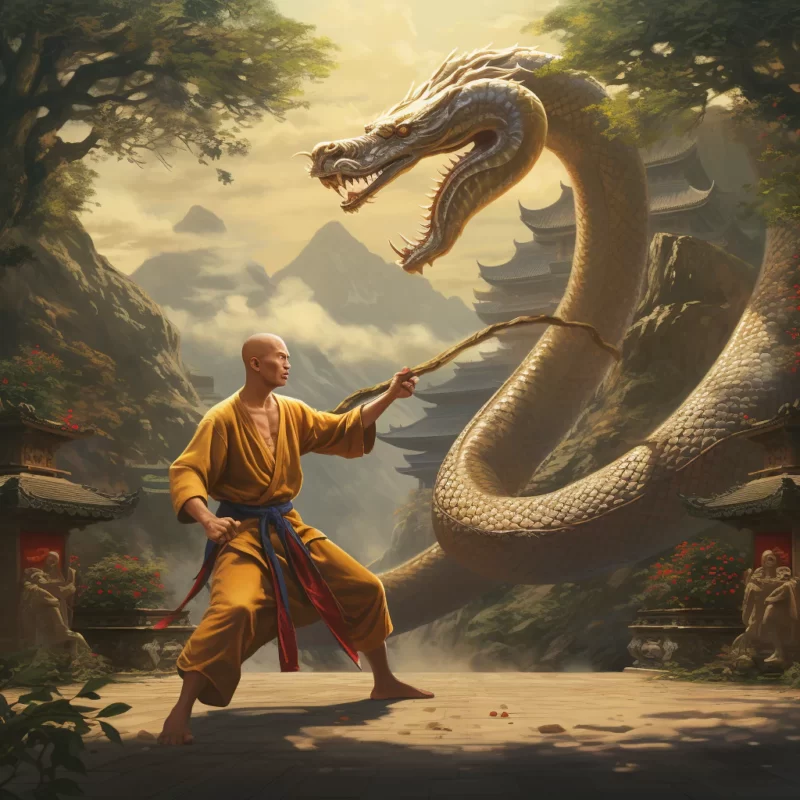 A man showcasing wing chun skills with a sword, facing a legendary snake
