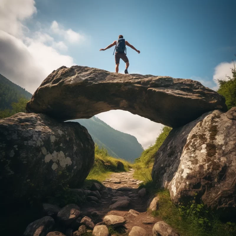 A man about to leap from a mountain rock bridge