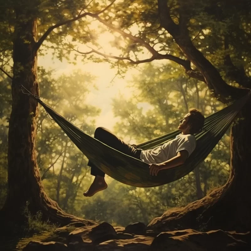 A man is practicing self care by relaxing in a hammock in the woods