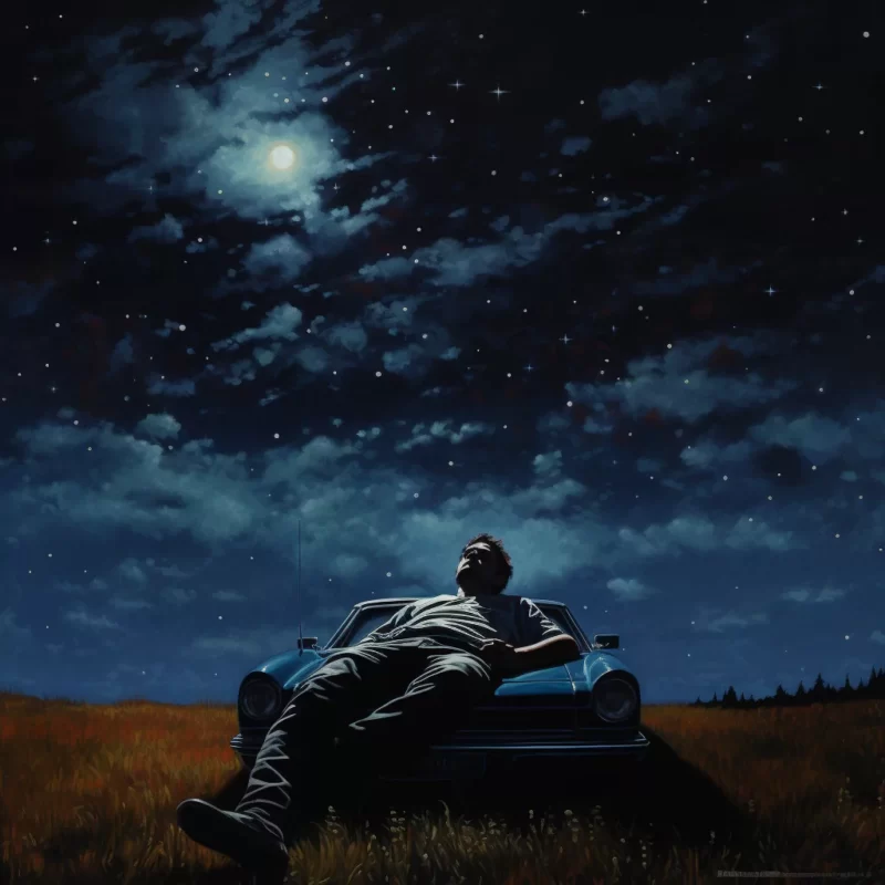 A painting capturing the significance of self care, featuring a man relaxing in the grass under a starry sky