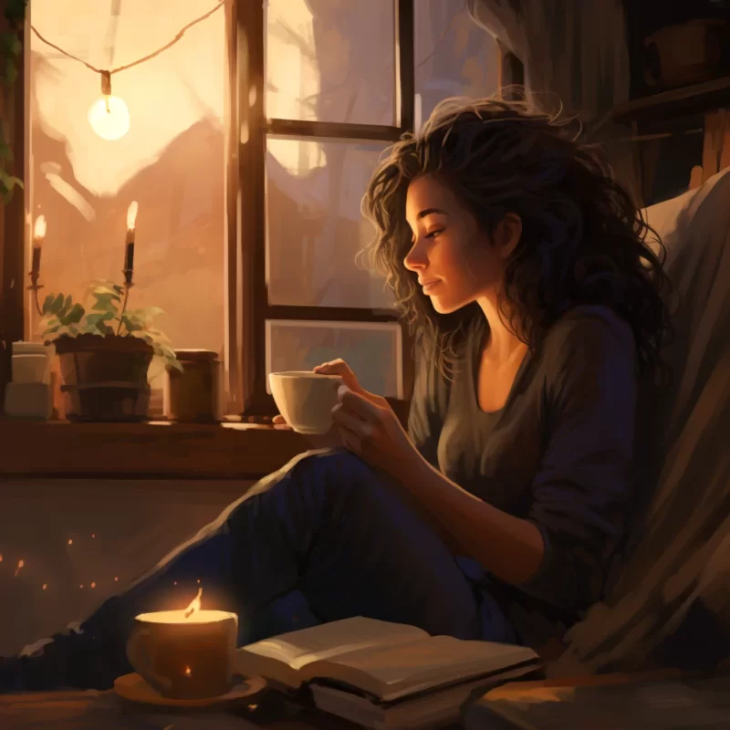 A girl practicing self care while sitting in front of a window with a cup of coffee