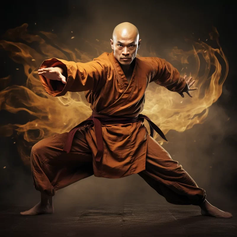 A man in a tai chi robe performing a Shaolin martial arts pose