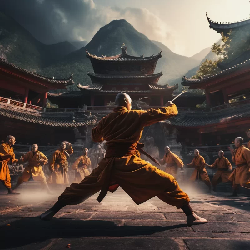 A Shaolin monk is practicing Kung Fu in front of a temple