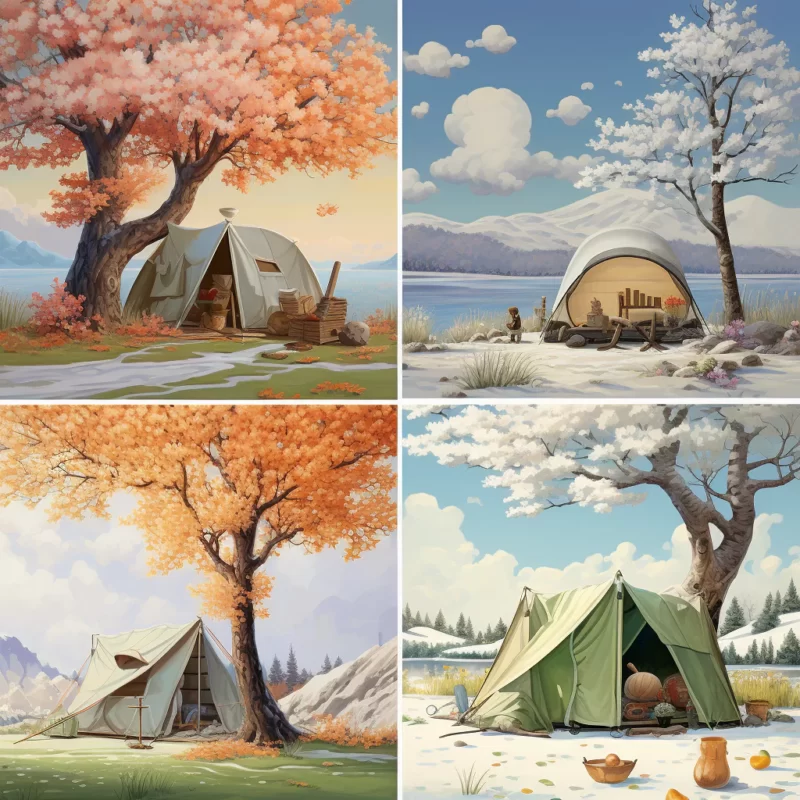 Four pictures of a tent in the snow, leaves, summer, spring