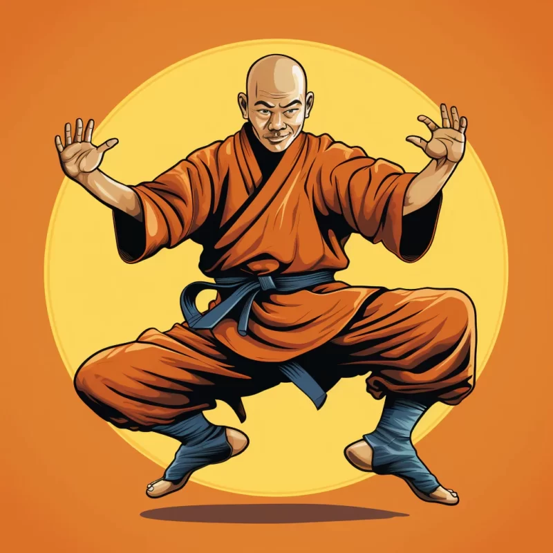 A man in an orange robe is practicing Shaolin Kung Fu