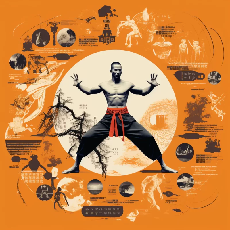 A man is practicing Shaolin Kung Fu on an orange background