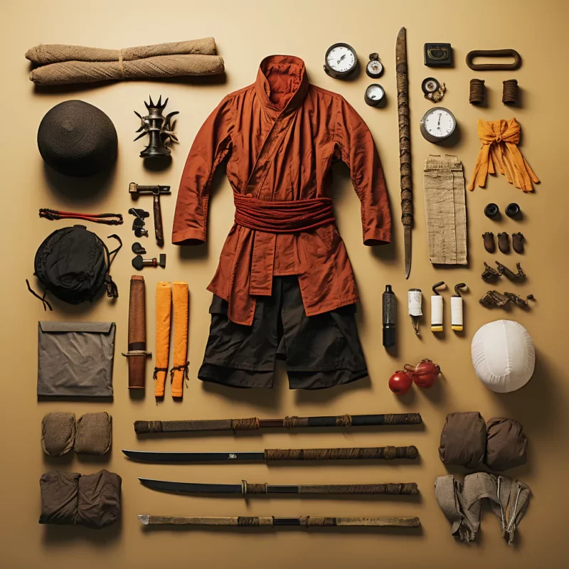 A collection of samurai clothing and other items inspired by Shaolin Kung Fu on a table