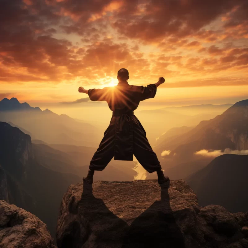 A man practicing Shaolin Kung Fu stands on top of a mountain with his arms outstretched