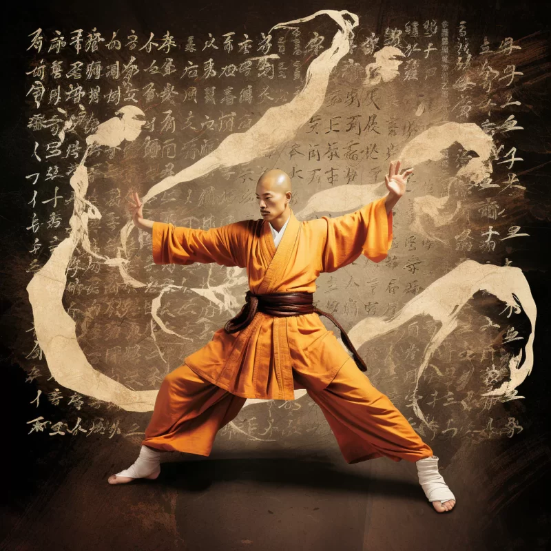 A man practicing Shaolin Kung Fu in a Chinese robe