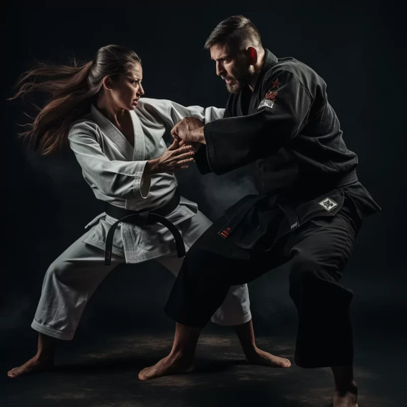 A man and woman practicing karate on a dark background, learning hapkido techniques, 