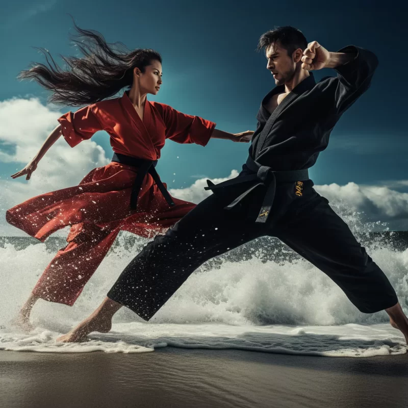 Two people in karate costumes on the beach practicing hapkido. featured image for "what is hapkido" article.