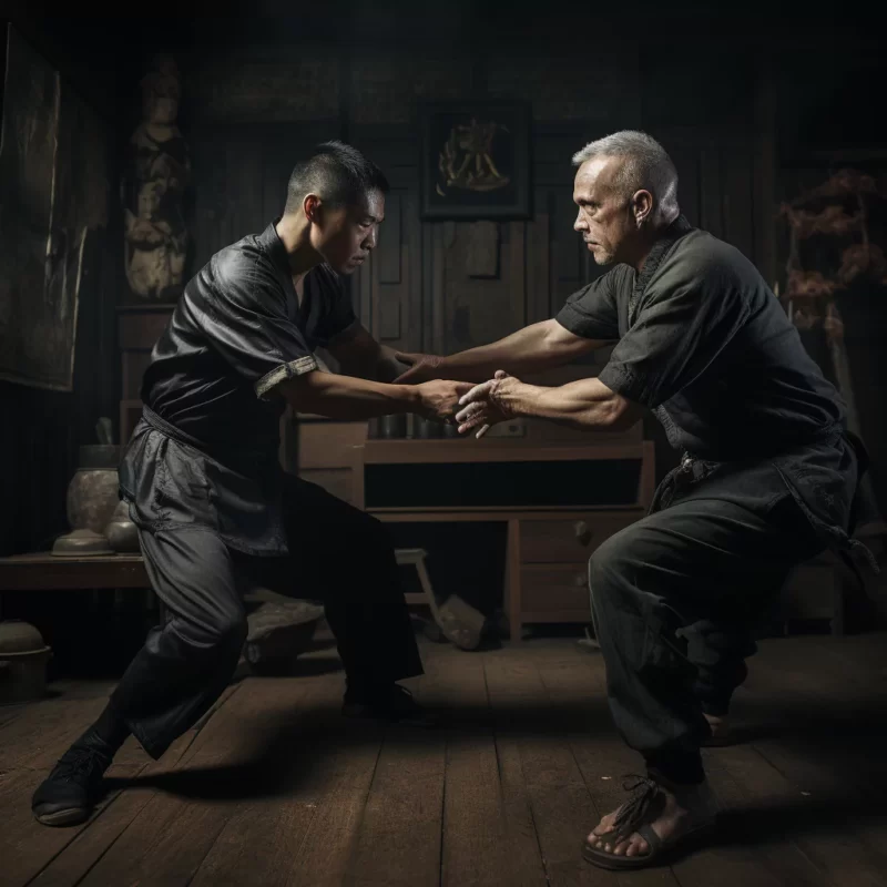 Two men practicing wing chun in a dark room
