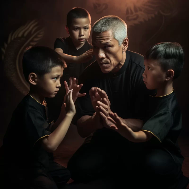 A group of children are practicing wing chun martial arts and posing for a photo