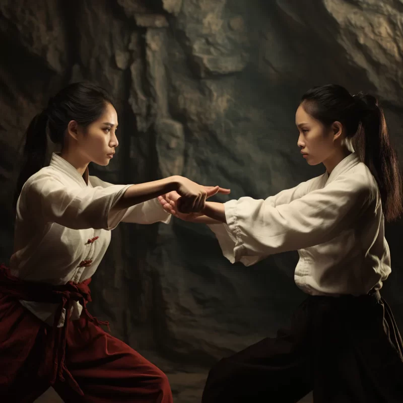 Two Asian women practicing Wing Chun in a cave