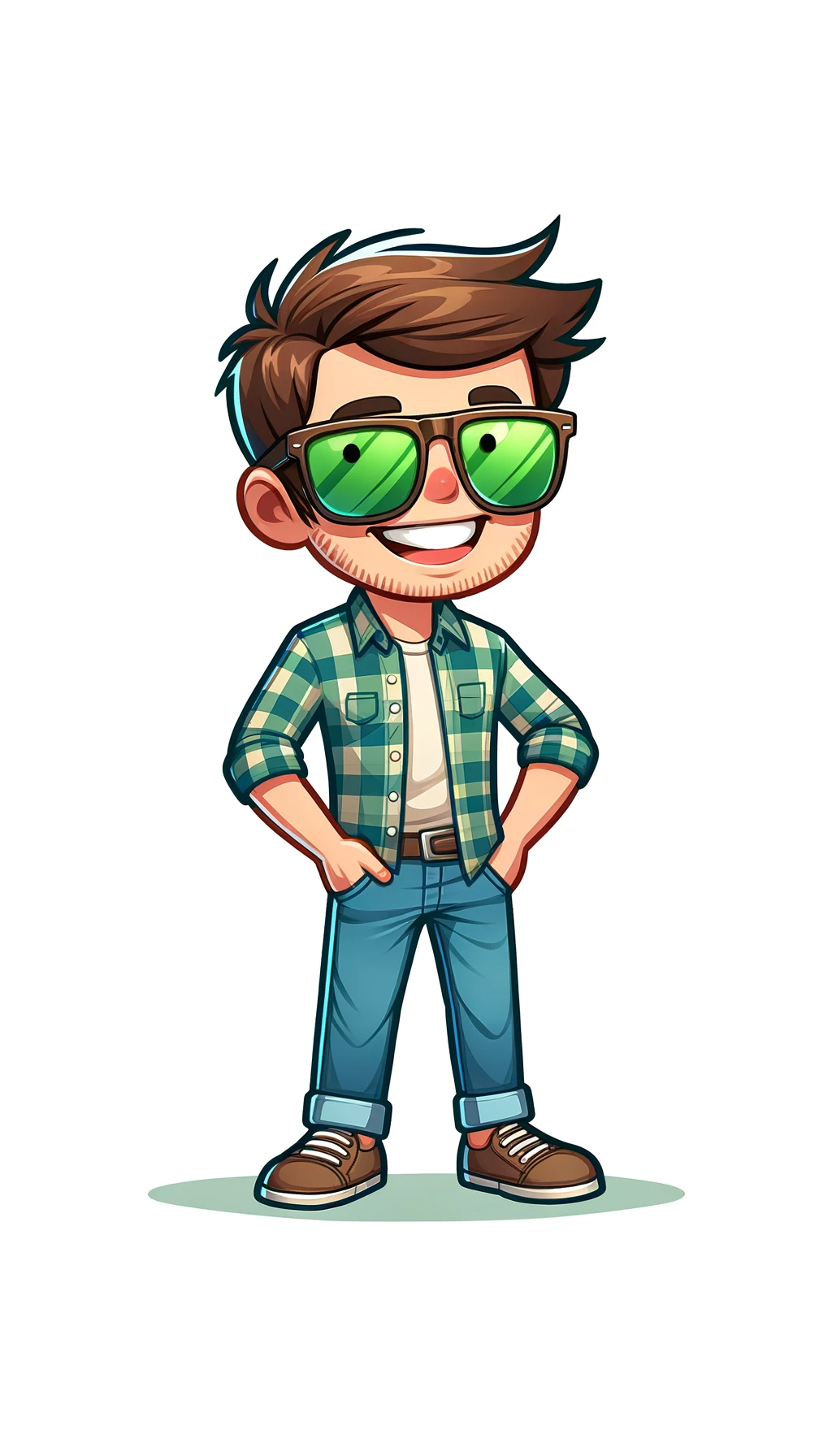 A cartoon character wearing sunglasses and a plaid shirt. Cartoon of Chritt, author pic