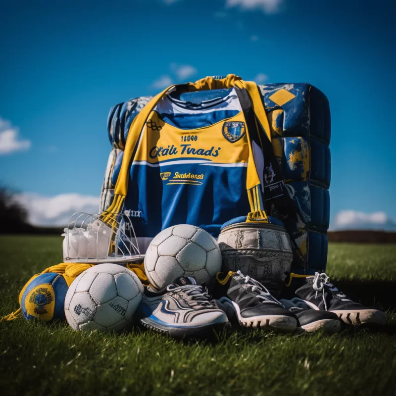 A bag featuring soccer balls along with other items
