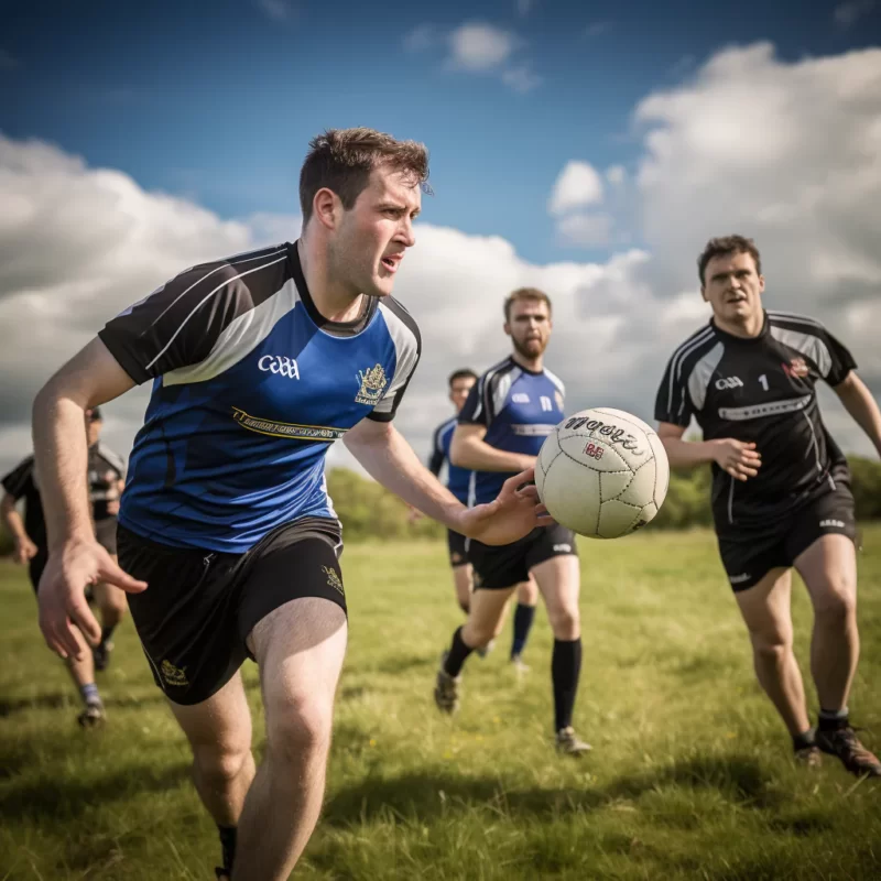 A group of men running with a ball in a field while playing Gaelic football
